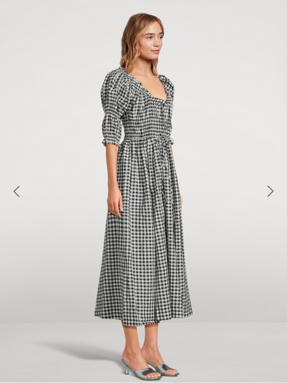 Doen Black & White Gingham Puff-Sleeve Midi Dress with Shirred Bodice - Picture 2 of 5